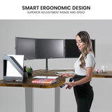 FORTIA 173W x 173W x 75D 3-Motor 120kg Load Adjustable Electric Sit to Stand Up Corner Desk - Walnut/Silver Frame - Side View