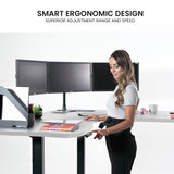 FORTIA 173W x 173W x 75D 3-Motor 120kg Load Adjustable Electric Sit to Stand Up Corner Desk - White/Black Frame - Side View