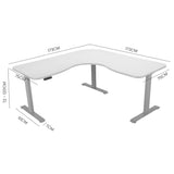 FORTIA 173W x 173W x 75D 3-Motor 120kg Load Adjustable Electric Sit to Stand Up Corner Desk - White/Silver Frame - Front View