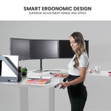 FORTIA 173W x 173W x 75D 3-Motor 120kg Load Adjustable Electric Sit to Stand Up Corner Desk - White/Silver Frame - Side View