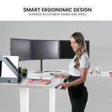 FORTIA 173W x 173W x 75D 3-Motor 120kg Load Adjustable Electric Sit to Stand Up Corner Desk - White/White Frame - Side View