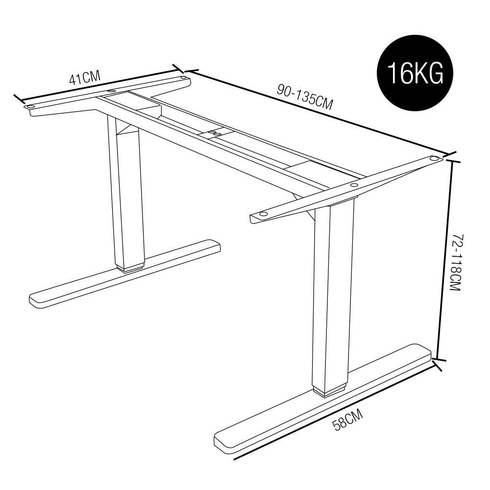 FORTIA Single Motor Sit/Stand Desk Frame 58 x 90-135cm 72-118cm Height Adjustable 70kg Load Silver