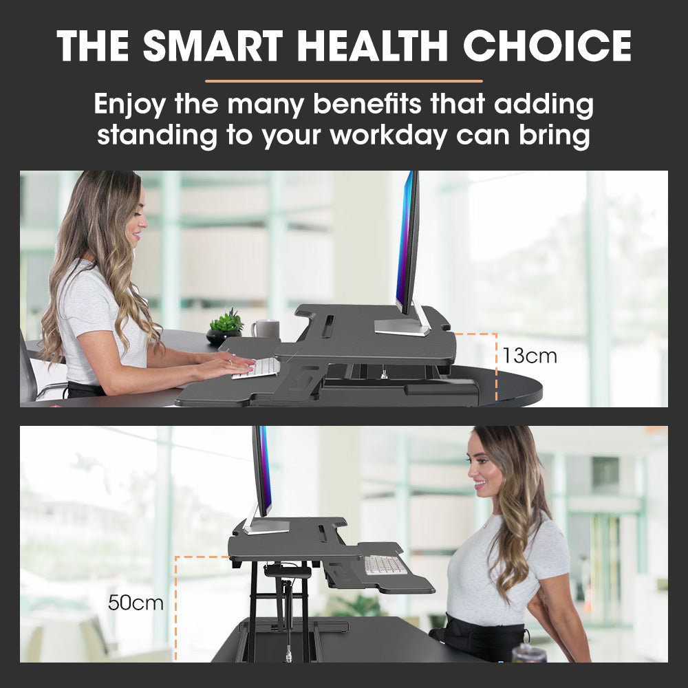 Fortia Desk Riser 77cm Wide Adjustable Sit to Stand for Dual Monitor Keyboard Laptop Black