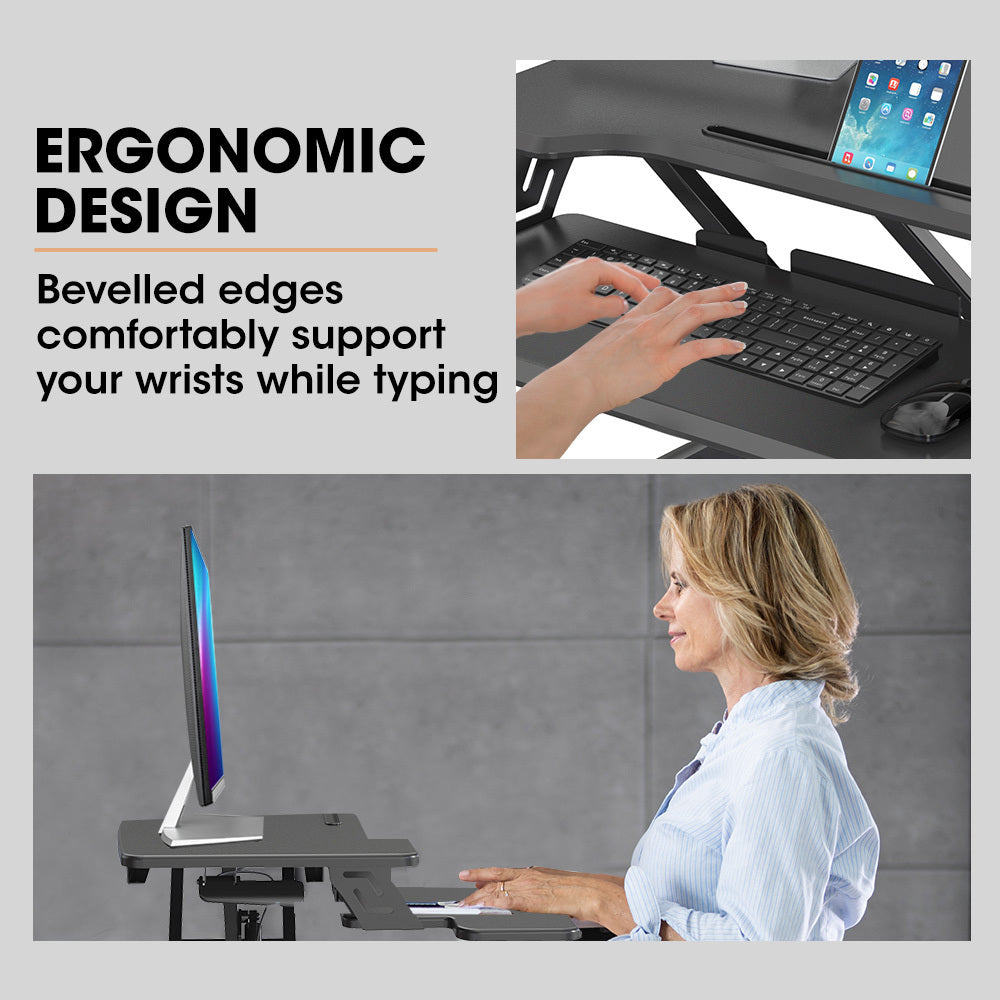 Fortia Desk Riser 77cm Wide Adjustable Sit to Stand for Dual Monitor Keyboard Laptop Black