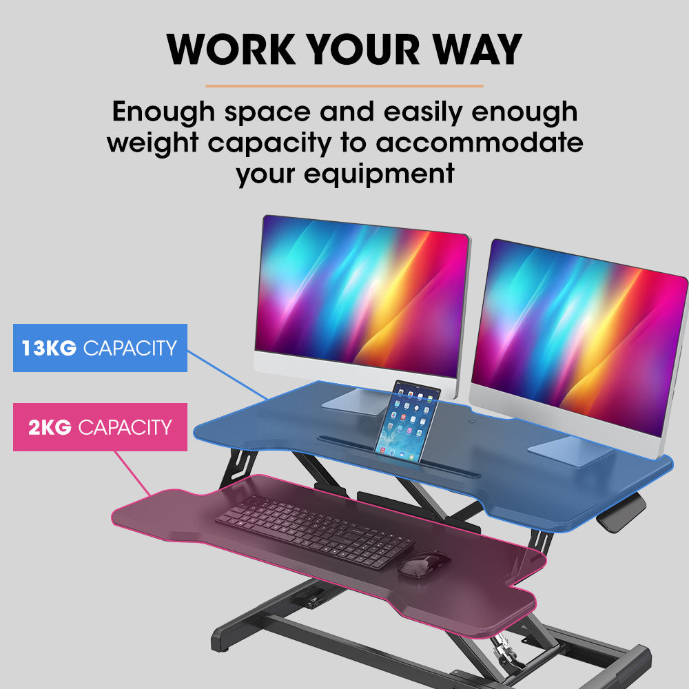 Fortia Desk Riser 77cm Wide Adjustable Sit to Stand for Dual Monitor Keyboard Laptop Black