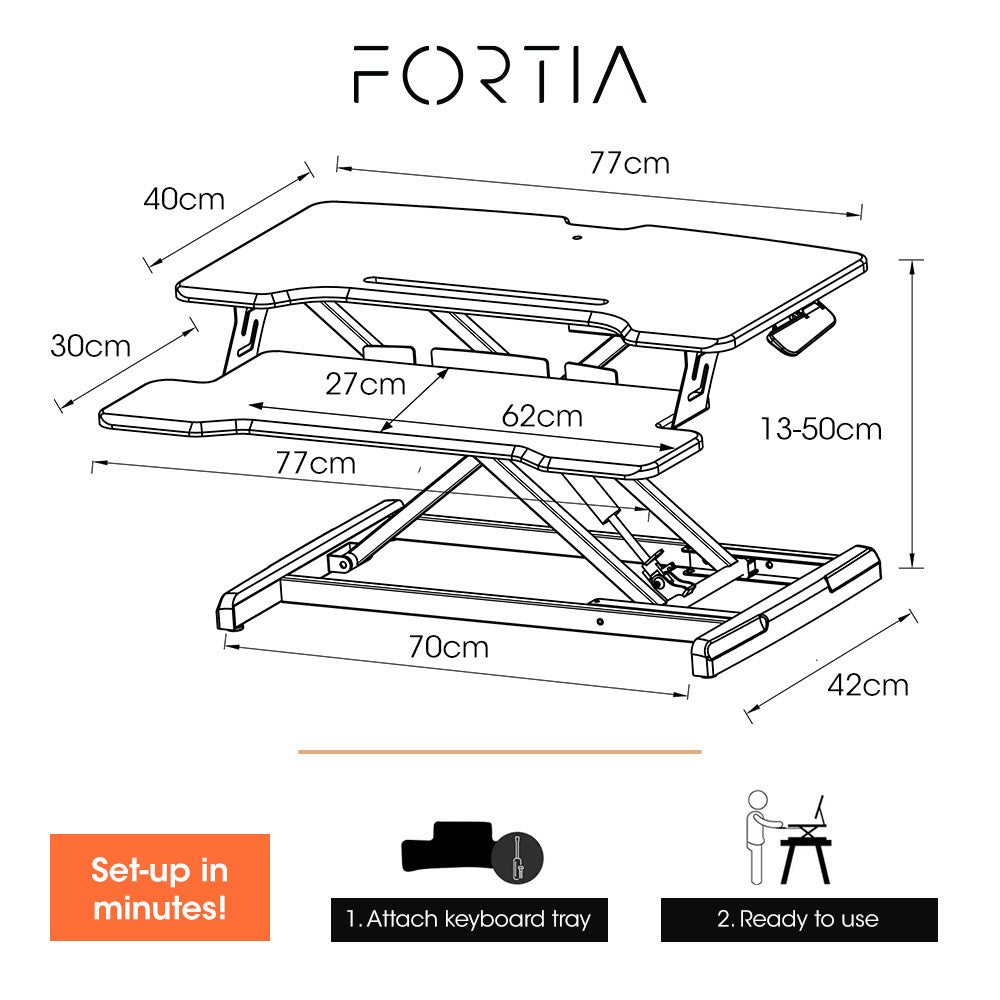 Fortia Desk Riser 77cm Wide Adjustable Sit to Stand for Dual Monitor Keyboard Laptop Black