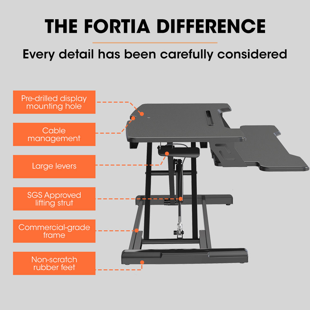 Fortia Desk Riser 77cm Wide Adjustable Sit to Stand for Dual Monitor Keyboard Laptop Black