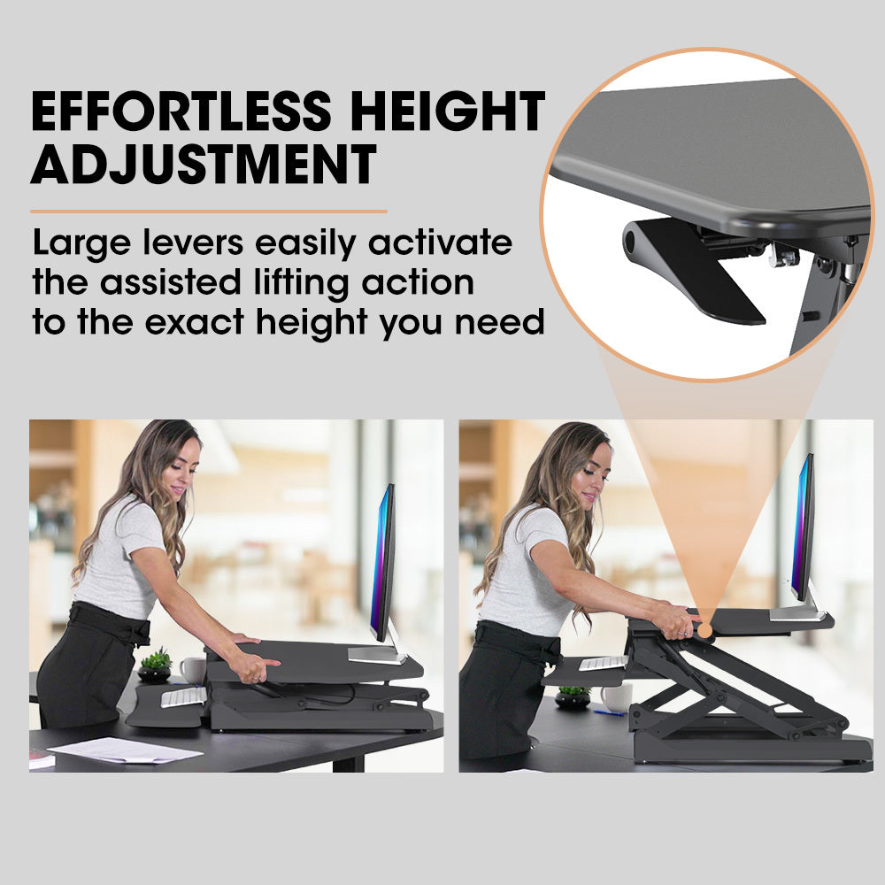 Fortia Desk Riser 90cm Wide Adjustable Sit to Stand for Dual Monitor Keyboard Laptop Black