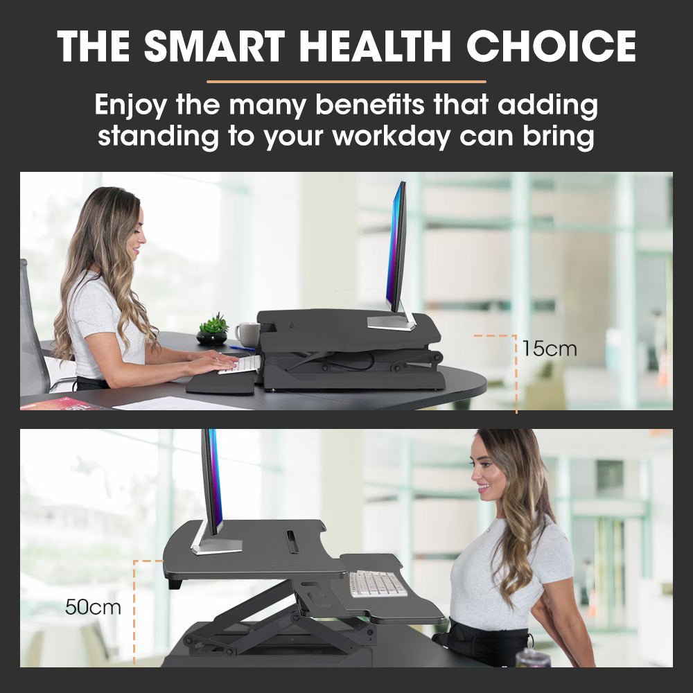 Fortia Desk Riser 90cm Wide Adjustable Sit to Stand for Dual Monitor Keyboard Laptop Black