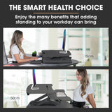 Fortia Desk Riser 90cm Wide Adjustable Sit to Stand for Dual Monitor Keyboard Laptop Black - Side View