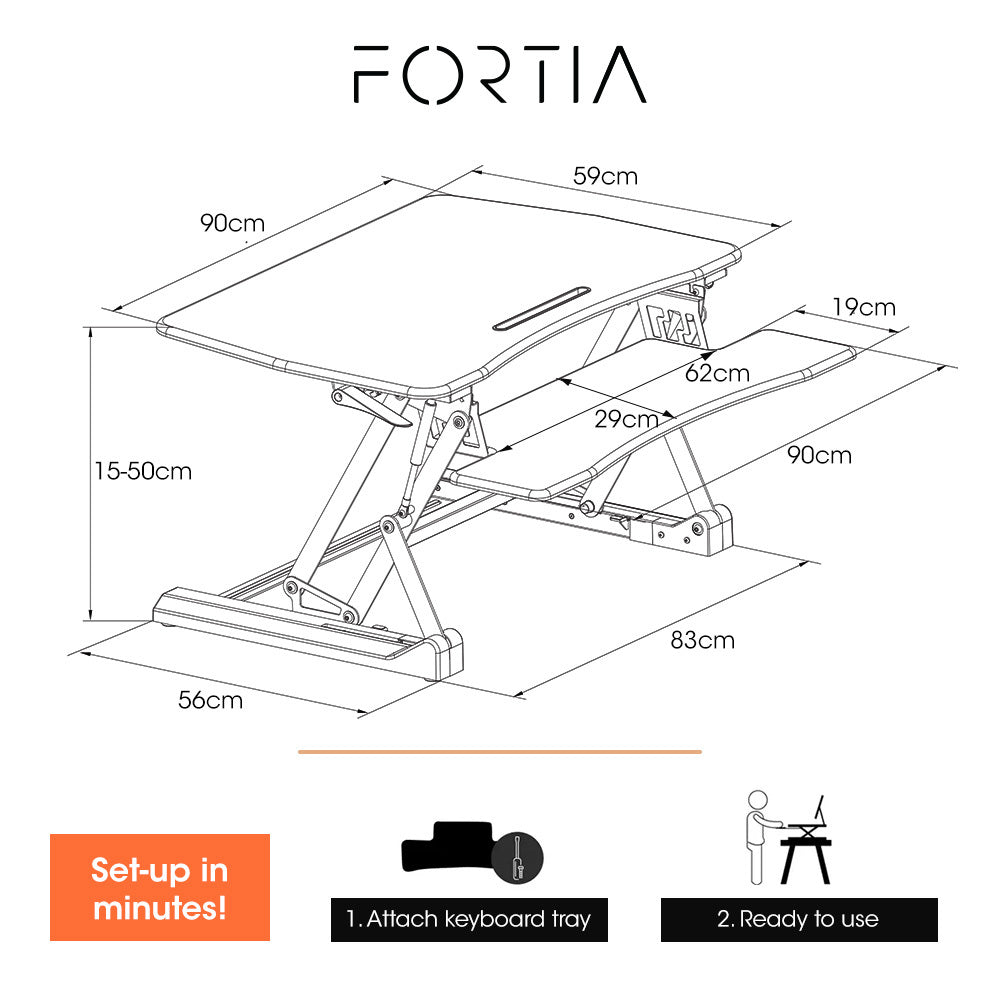 Fortia Desk Riser 90cm Wide Adjustable Sit to Stand for Dual Monitor Keyboard Laptop Black