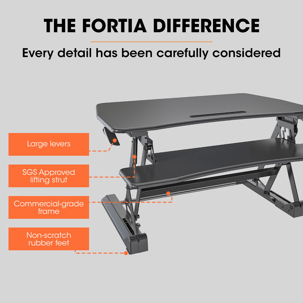 Fortia Desk Riser 90cm Wide Adjustable Sit to Stand for Dual Monitor Keyboard Laptop Black