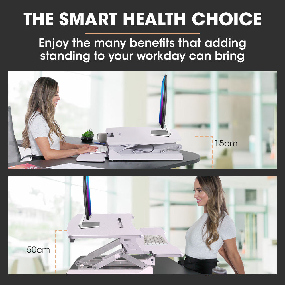 FORTIA Desk Riser 90cm Wide Adjustable Sit to Stand for Dual Monitor Keyboard Laptop White