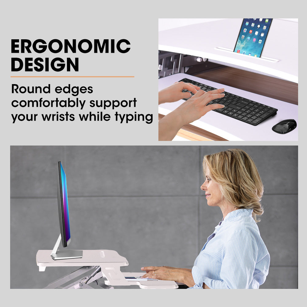 FORTIA Desk Riser 90cm Wide Adjustable Sit to Stand for Dual Monitor Keyboard Laptop White
