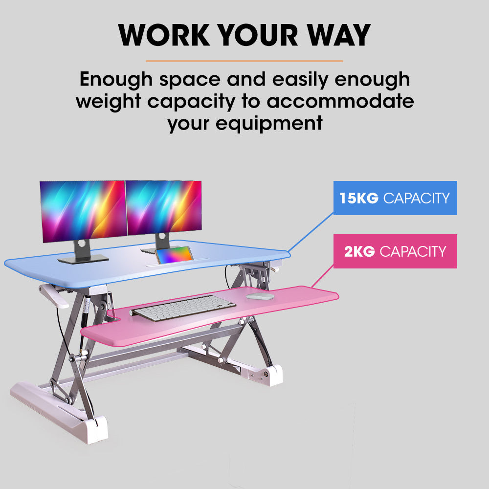 FORTIA Desk Riser 90cm Wide Adjustable Sit to Stand for Dual Monitor Keyboard Laptop White