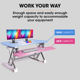 FORTIA Desk Riser 90cm Wide Adjustable Sit to Stand for Dual Monitor Keyboard Laptop White - Close-Up Angle