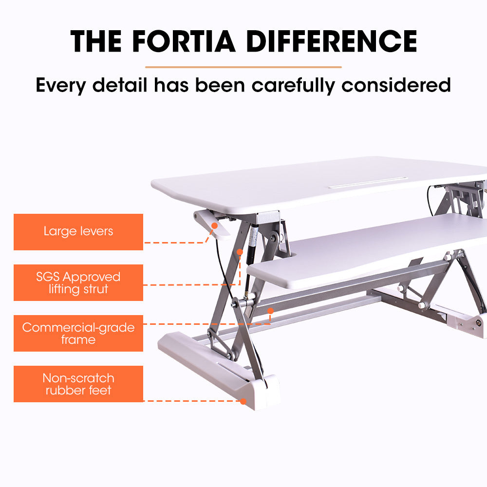 FORTIA Desk Riser 90cm Wide Adjustable Sit to Stand for Dual Monitor Keyboard Laptop White