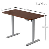 FORTIA Sit To Stand Up Standing Desk 120x60cm 72-118cm Electric Height Adjustable 40kg Rated Walnut Style/Silver Frame - Front View