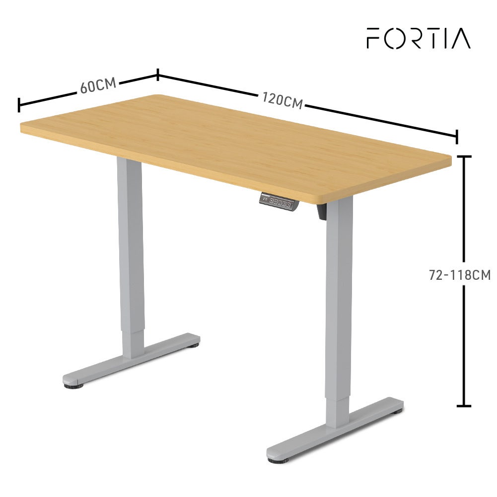 FORTIA Sit To Stand Up Standing Desk 120x60cm 72-118cm Electric Height Adjustable 40kg Rated White Oak Style/Silver Frame