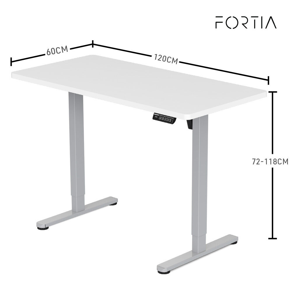 FORTIA Sit To Stand Up Standing Desk 120x60cm 72-118cm Electric Height Adjustable 40kg Rated White/Silver Frame