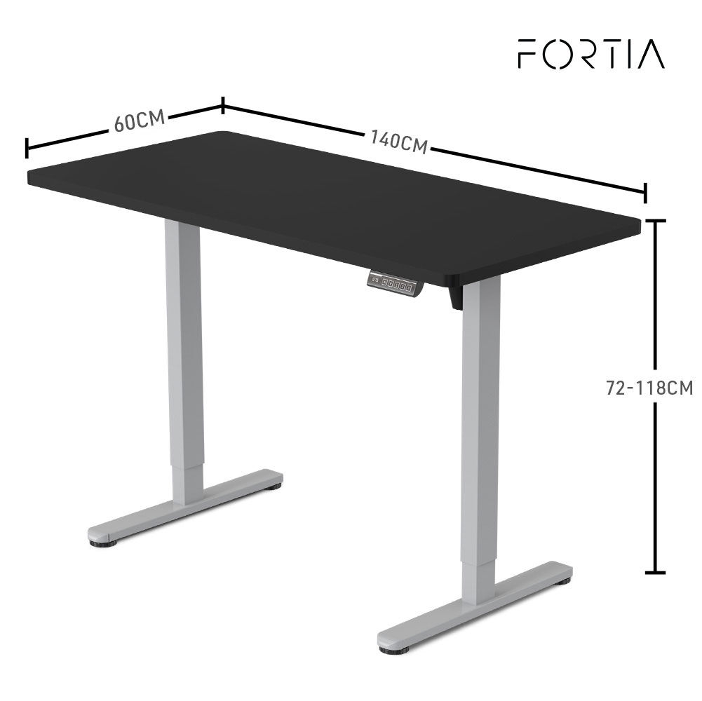 FORTIA Sit To Stand Up Standing Desk 140x60cm 72-118cm Electric Height Adjustable 40kg Rated Black/Silver Frame