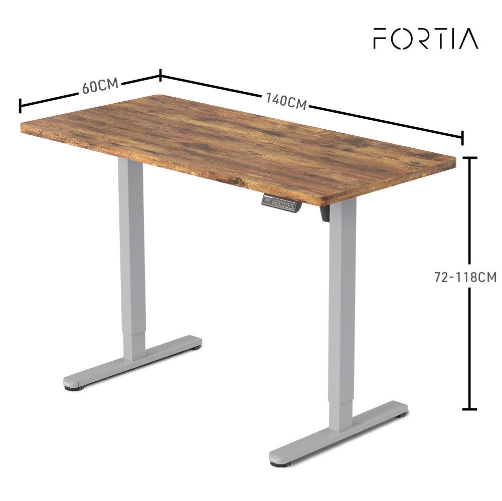 FORTIA Sit To Stand Up Standing Desk 140x60cm 72-118cm Electric Height Adjustable 40kg Rated Oak Style/Silver Frame