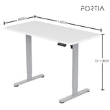 FORTIA Sit To Stand Up Standing Desk 140x60cm 72-118cm Electric Height Adjustable 40kg Rated White/Silver Frame - Front View