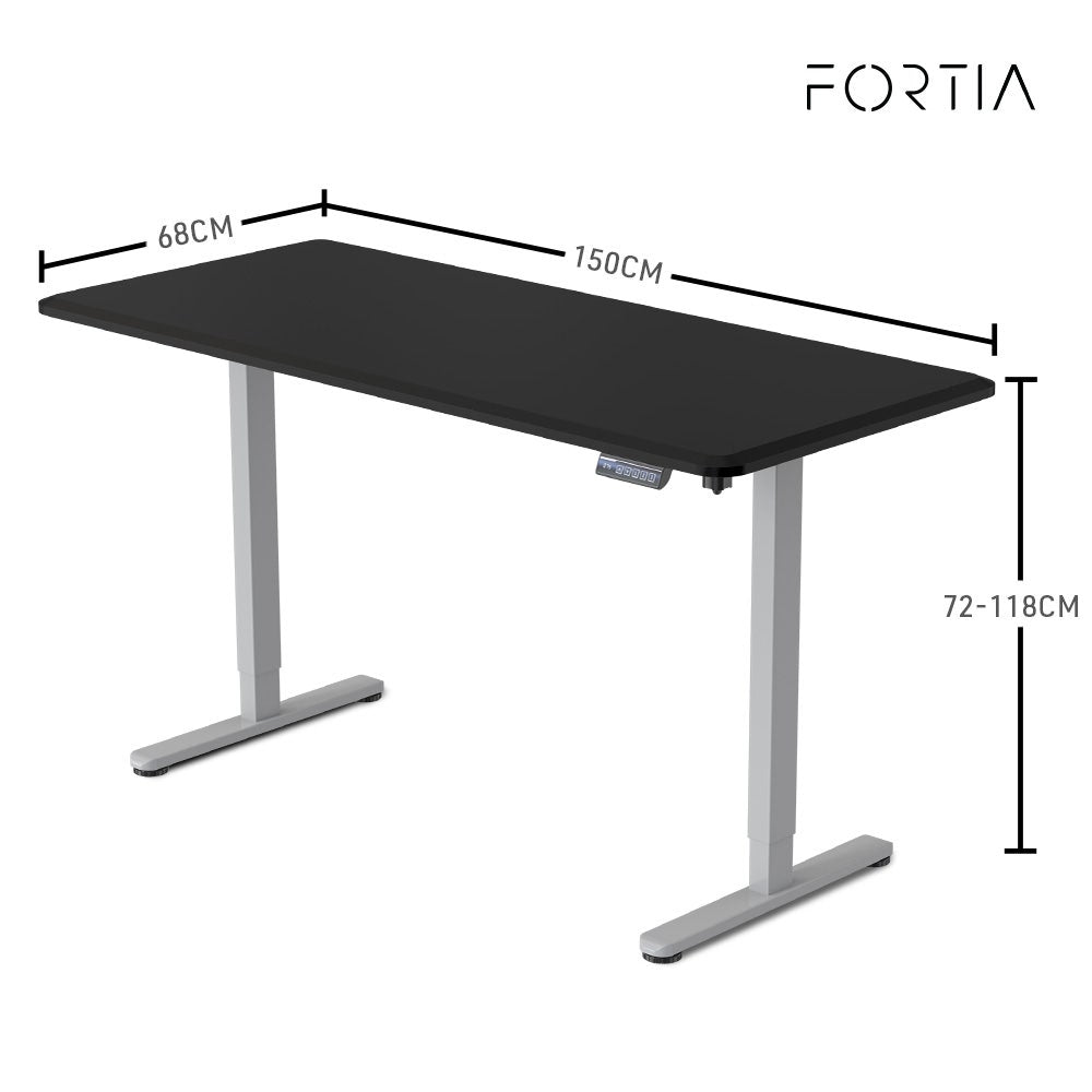 FORTIA Sit To Stand Up Standing Desk 150x68cm 72-118cm Electric Height Adjustable 50kg Rated Black/Silver Frame