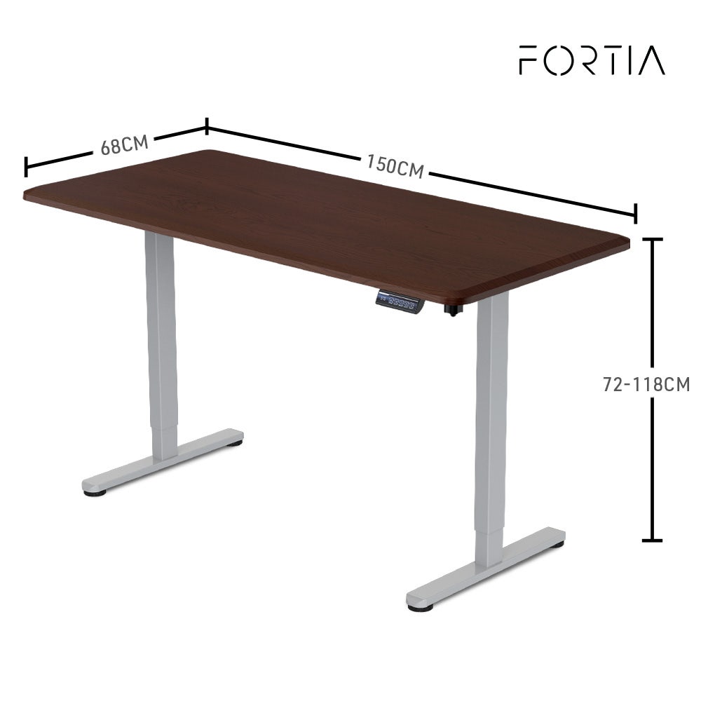 FORTIA Sit To Stand Up Standing Desk 150x68cm 72-118cm Height Adjustable 50kg Rated Walnut Style/Silver Frame