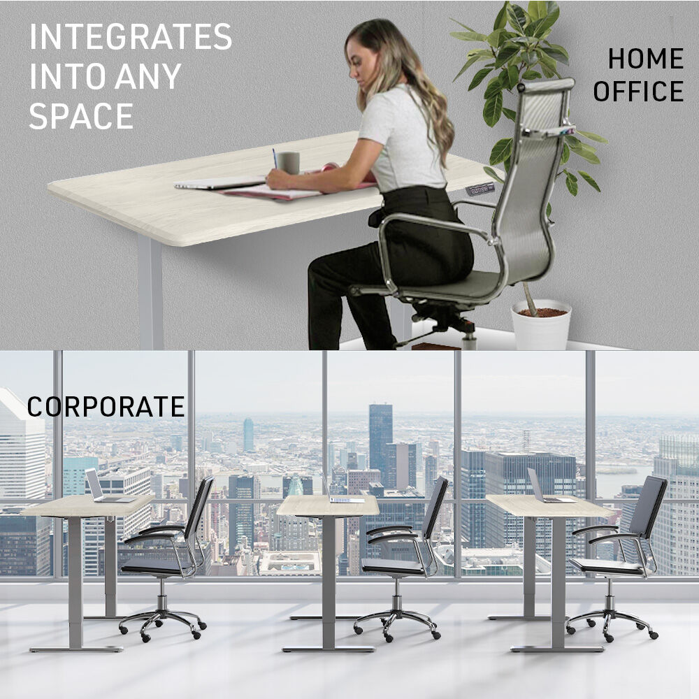 FORTIA Sit To Stand Up Standing Desk 150x68cm 72-118cm Height Adjustable 50kg Rated White Oak Style/Silver Frame
