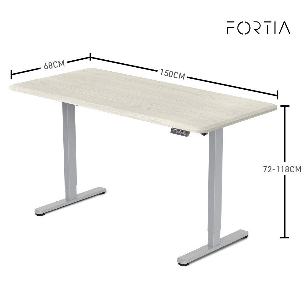 FORTIA Sit To Stand Up Standing Desk 150x68cm 72-118cm Height Adjustable 50kg Rated White Oak Style/Silver Frame