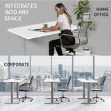 FORTIA Sit To Stand Up Standing Desk 150x68cm 72-118cm Height Adjustable 50kg Rated Matte White/Silver Frame - Close-Up Angle