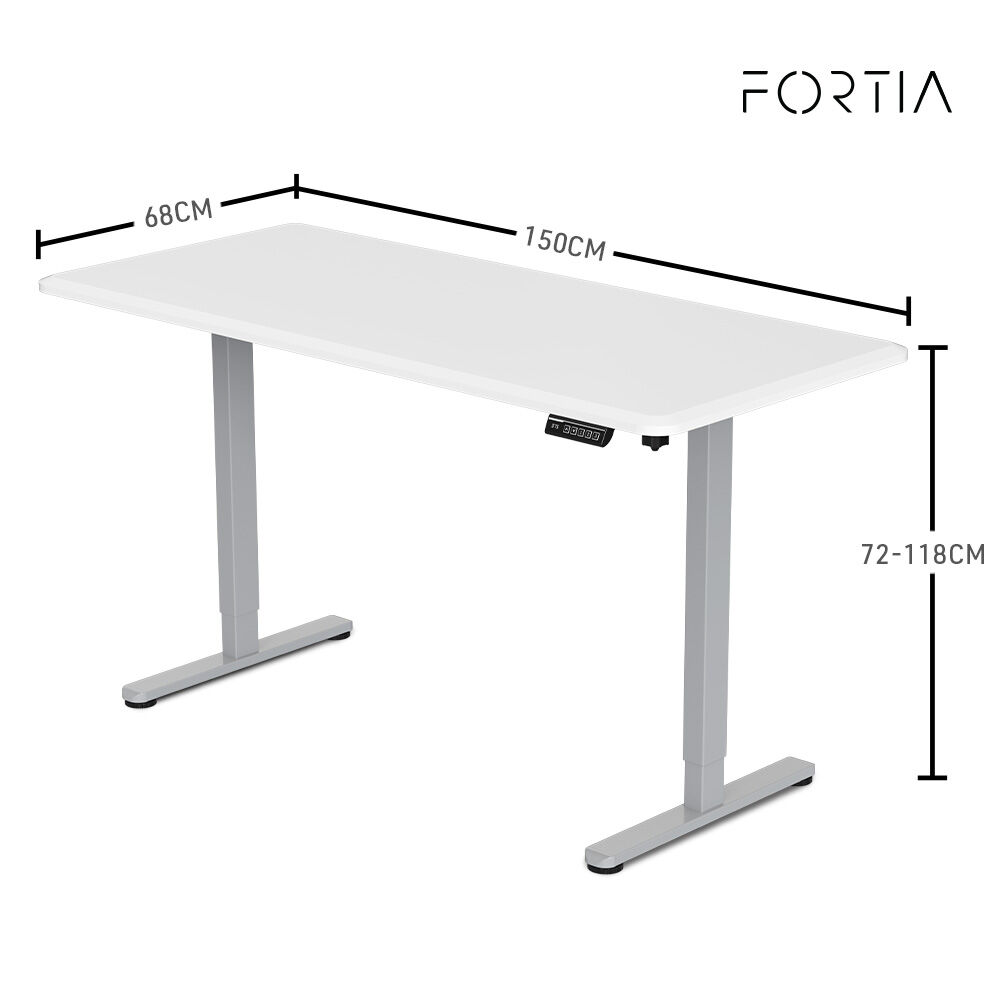 FORTIA Sit To Stand Up Standing Desk 150x68cm 72-118cm Height Adjustable 50kg Rated Matte White/Silver Frame