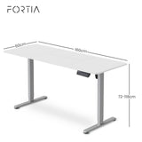 FORTIA Sit to Stand Standing Desk, 160x60cm, 72-118cm Electric Height Adjustable, White Desktop/Silver Frame