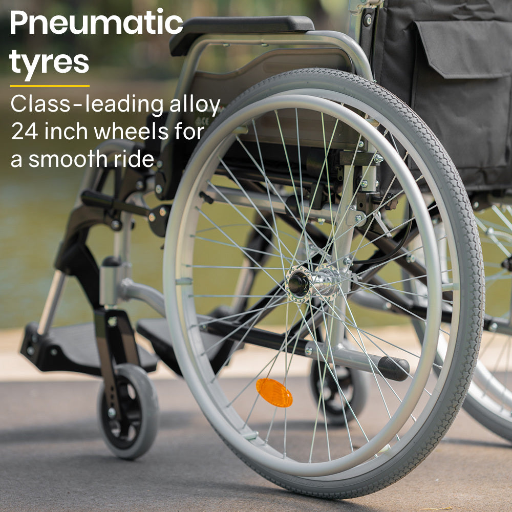 EQUIPMED 24 Inch Portable Folding Wheelchair 24 Mobility Wheel Chair Alloy, Senior Elderly Aid
