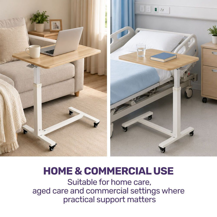 EQUIPMED Overbed Table with Gas Lift, 15kg Load, Steel Frame, 78-107cm Adjustable Height, Lockable Castors, Home Care Use