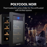 POLYCOOL 33L 12 Bottle Wine Bar Fridge Countertop Cooler Compressor Mirrored Glass Door, Black - Front View