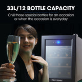 POLYCOOL 33L 12 Bottle Wine Bar Fridge Countertop Cooler Compressor Mirrored Glass Door, Black - Close-Up Angle