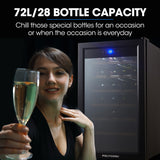 POLYCOOL 72L 28 Bottle Wine Bar Fridge Countertop Cooler Compressor Mirrored Glass Door, Black - Close-Up Angle