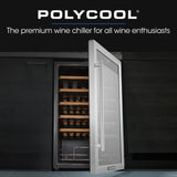 POLYCOOL 34 Bottle Wine Bar Fridge, Under Bench, Glass Door w/ Stainless Steel Frame, Sliding Shelves, Silver - Front View