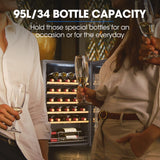 POLYCOOL 34 Bottle Wine Bar Fridge, Under Bench, Glass Door w/ Stainless Steel Frame, Sliding Shelves, Silver - Rear View