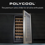 POLYCOOL 51 Bottle Wine Bar Fridge, Under Bench, Glass Door w/ Stainless Steel Frame, Sliding Shelves, Silver - Front View