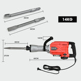 Baumr-AG 2300W Pro-Grade Electric Demolition Jackhammer, with 3 Bonus Chisels, Carry Case - Rear View