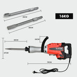 Baumr-AG 2400W Pro-Grade Electric Demolition Jackhammer, with 3 Bonus Chisels, Carry Case - Rear View