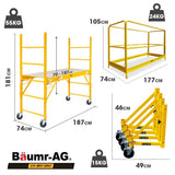 Baumr-AG 1.9 x 0.8 x 1.8m Adjustable Mobile Scaffold Platform, Guard Rail, Outrigger Wheel Set, Trapdoor Hatch - Front View