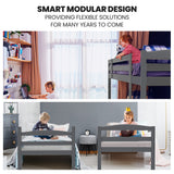 KINGSTON SLUMBER Single Bunk Bed Frame, Solid Pine 2-in-1 Modular Design, Converts to 2 Single Beds, For Kids, Grey - Low Angle