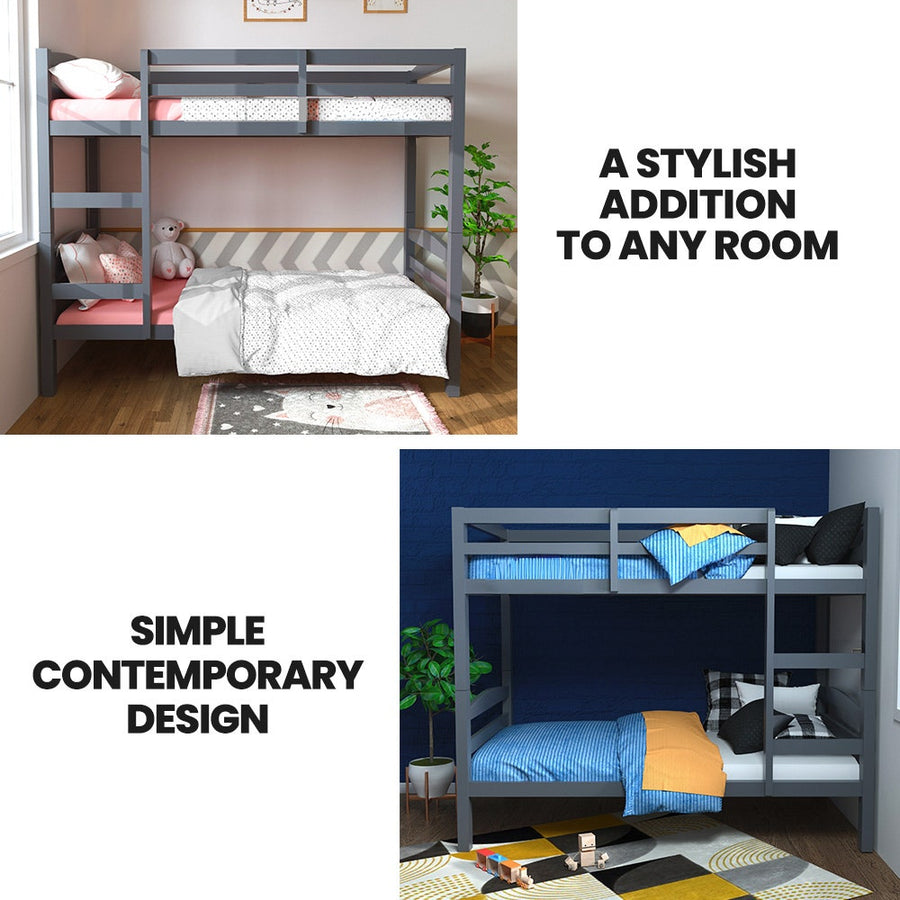 KINGSTON SLUMBER Single Bunk Bed Frame, Solid Pine 2-in-1 Modular Design, Converts to 2 Single Beds, For Kids, Grey