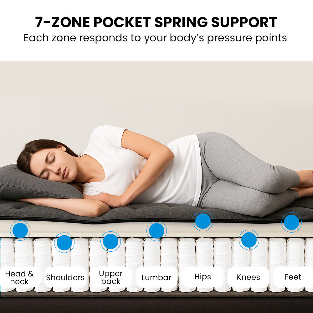 KINGSTON SLUMBER Premium Luxury 34cm Double Mattress, Medium-Firm, Natural Latex Layer, Euro Top, 7-Zone Pocket Spring