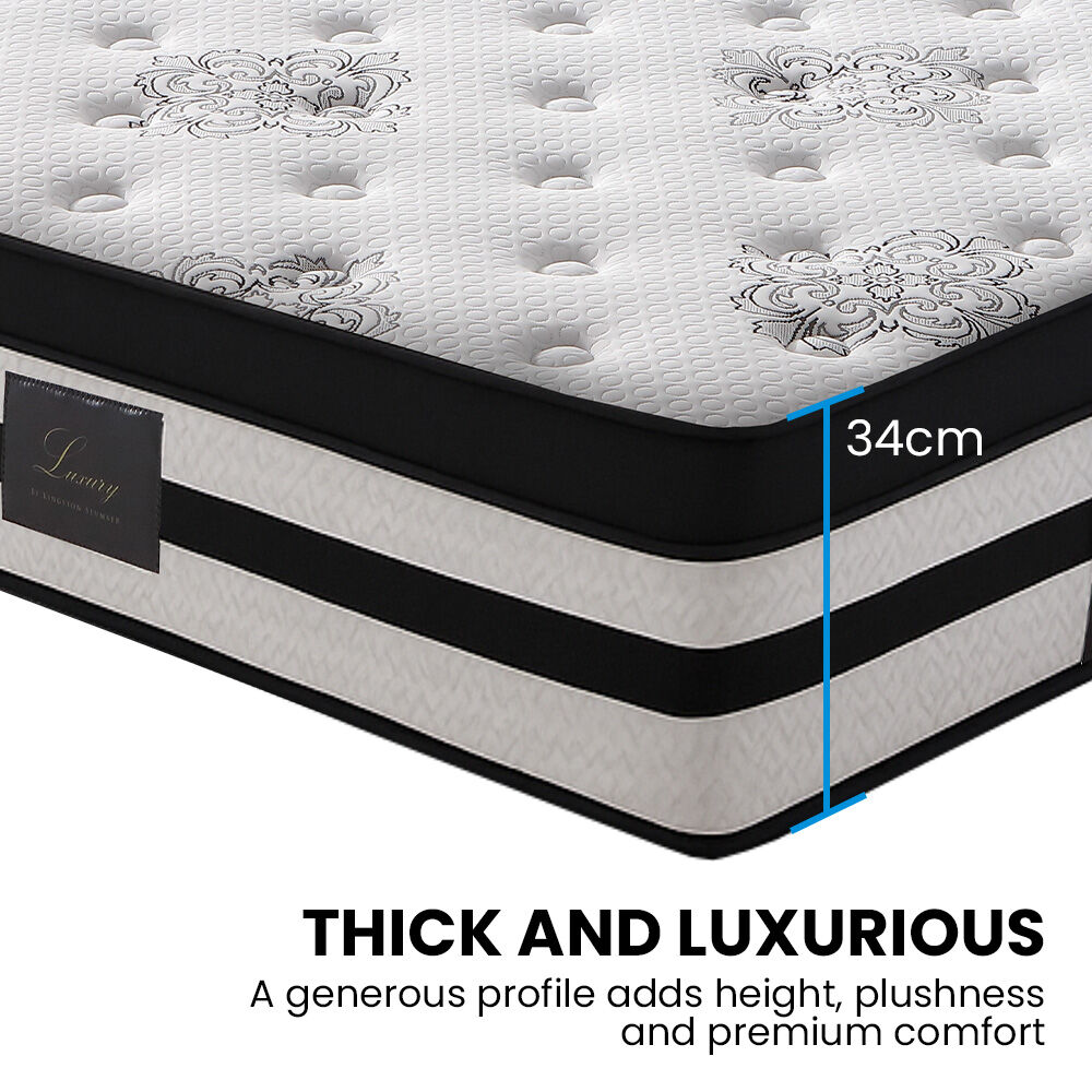 KINGSTON SLUMBER Luxury 34cm Single Mattress, Medium Firm, Euro Top, 5-Zone Pocket Spring Foam