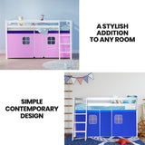 Kingston Slumber Wooden Kids Single Loft Bed Frame - Hiding Space Underneath with Interchangeable Pink and Blue Curtains - Front View